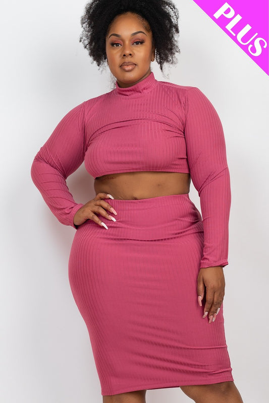 Plus Size Ribbed Mock Neck Crop Top & Midi Skirt Set-Teresa&#39;s Fashionista LLC