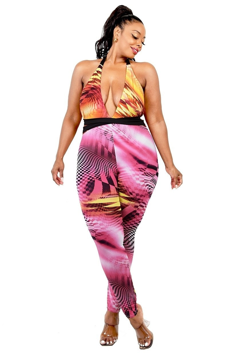 Plus Color Pattern Criss Cross Mock Neck Jumpsuit-Teresa&#39;s Fashionista LLC