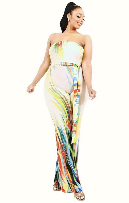 Plus Off Shoulder Color Brushed Tie Waist Jumpsuit-Teresa&#39;s Fashionista LLC