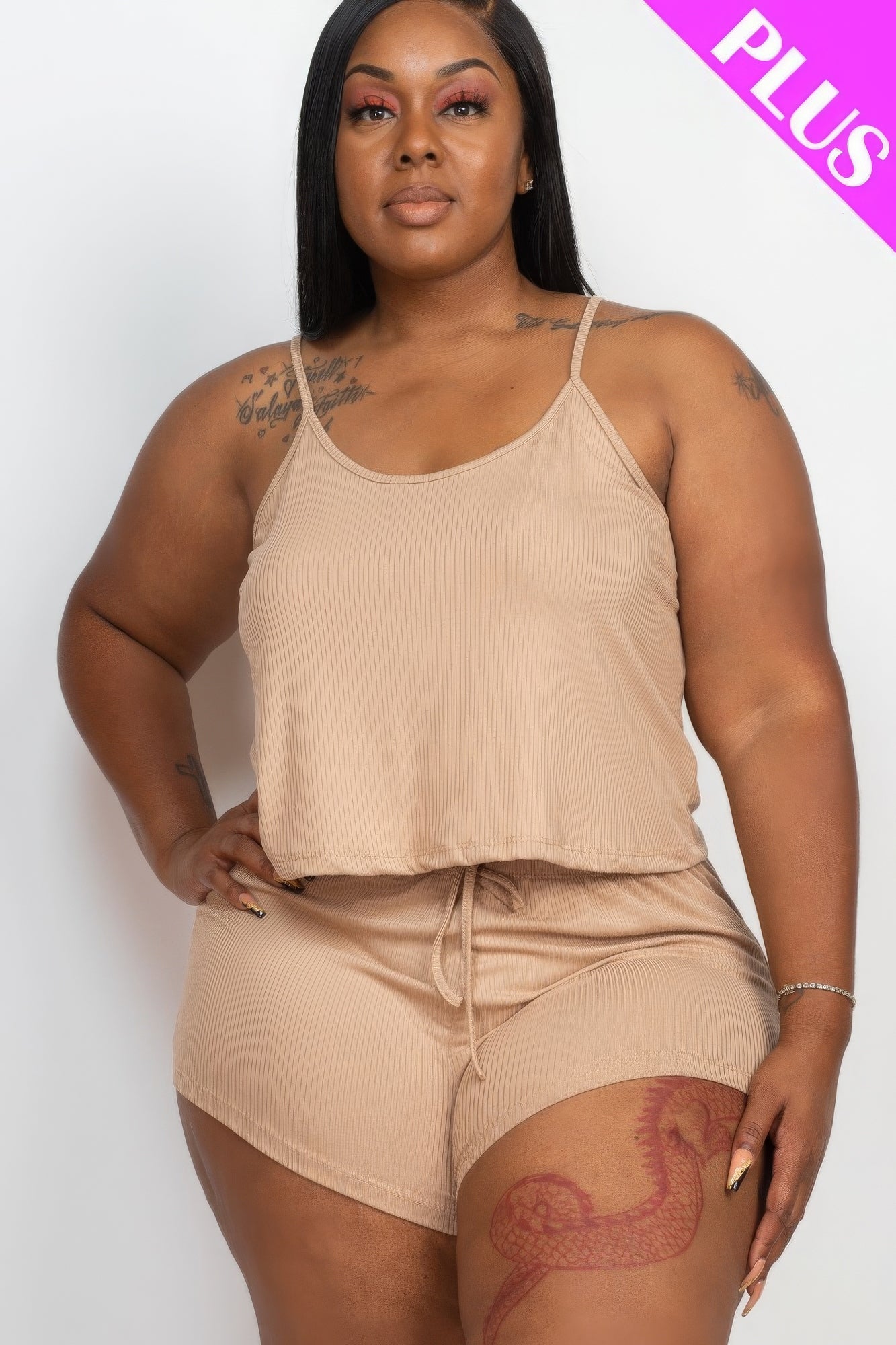 Plus Ribbed Strappy Top And Shorts Set-Teresa&#39;s Fashionista LLC