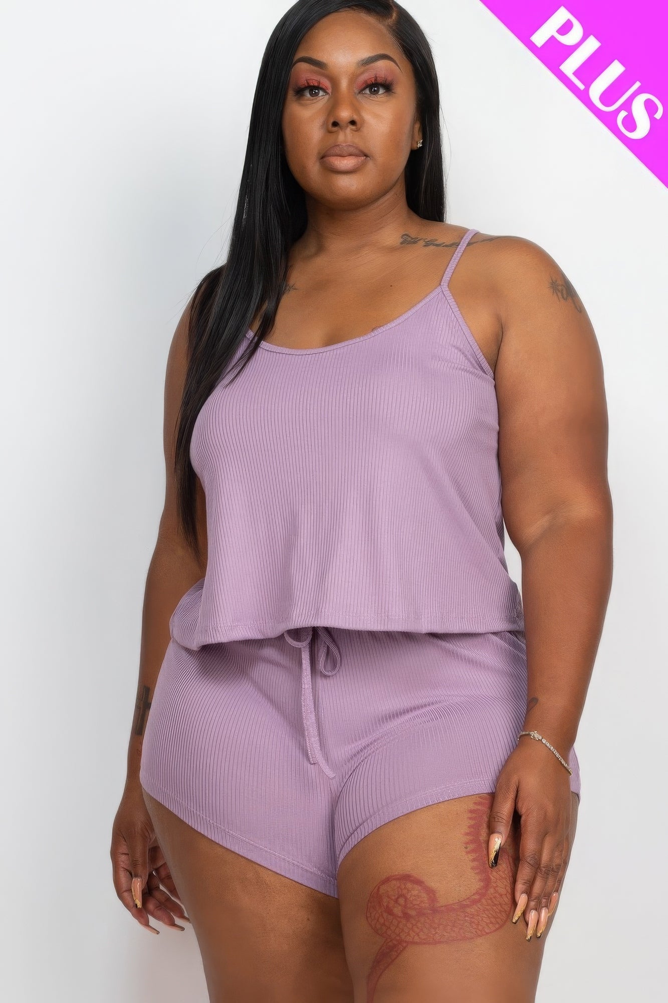 Plus Ribbed Strappy Top And Shorts Set-Teresa&#39;s Fashionista LLC