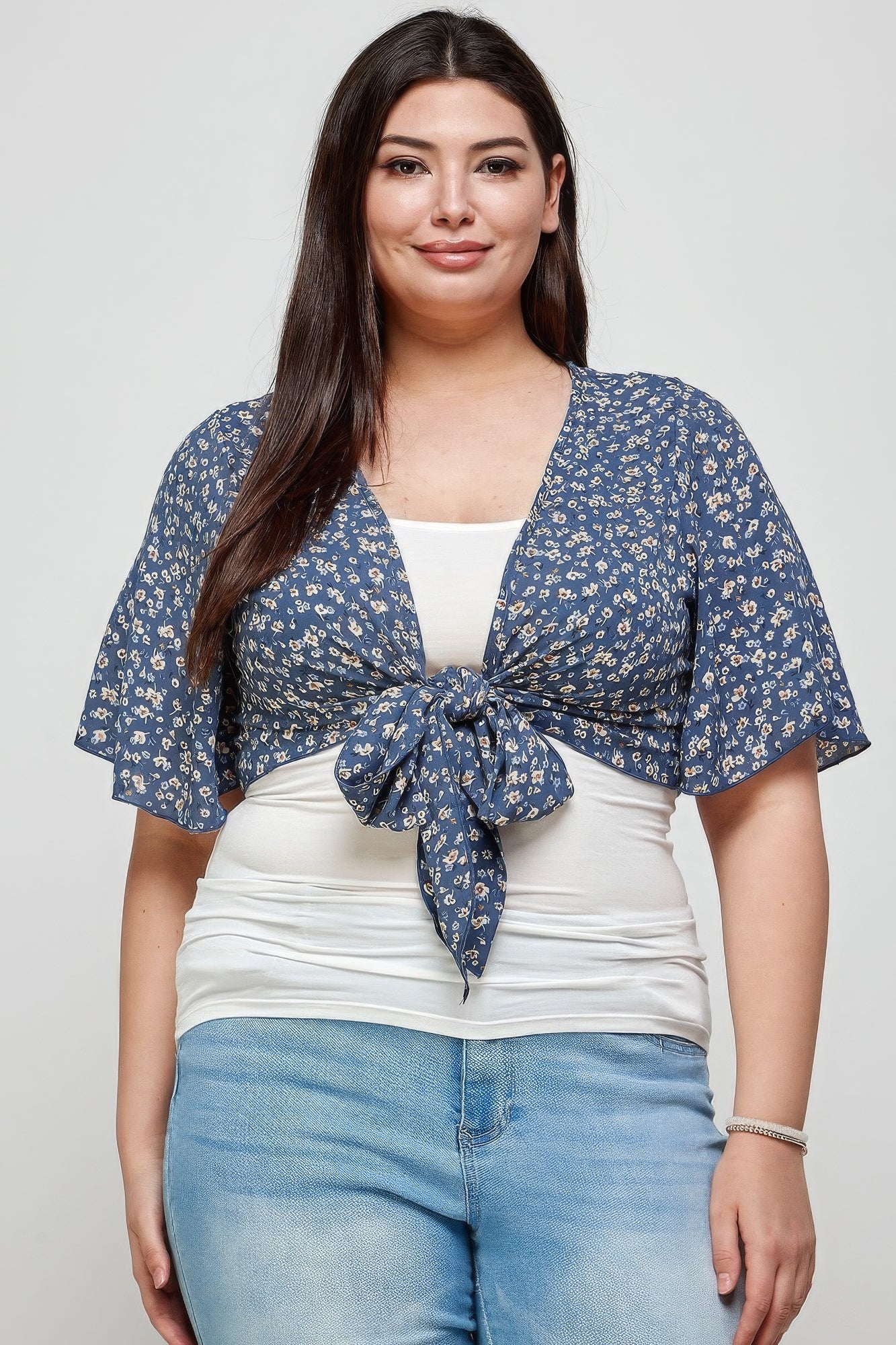 Plus Size Ditsy Floral Print Cropped Bolero Cardigan-Teresa&#39;s Fashionista LLC