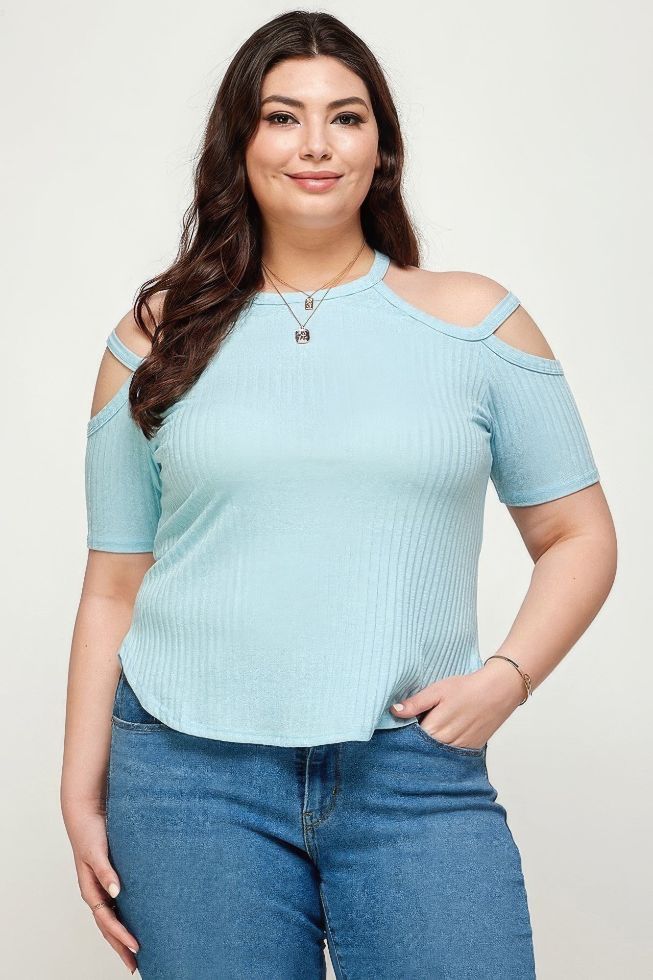 Plus Size, Solid Ribbed Cold Shoulder Top-Teresa&#39;s Fashionista LLC