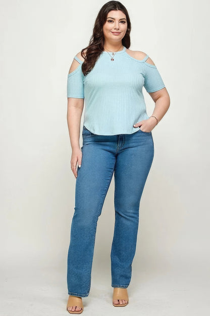 Plus Size, Solid Ribbed Cold Shoulder Top-Teresa&#39;s Fashionista LLC