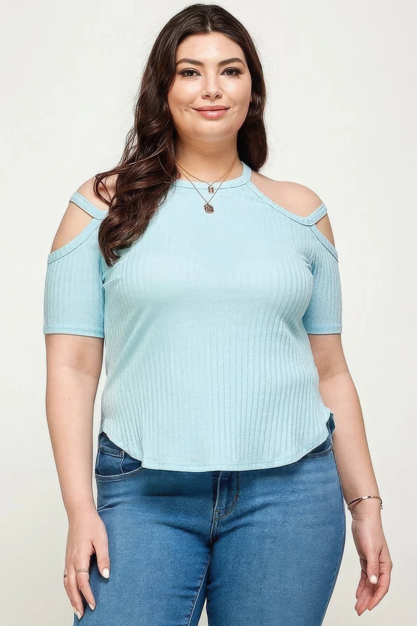 Plus Size, Solid Ribbed Cold Shoulder Top-Teresa&#39;s Fashionista LLC