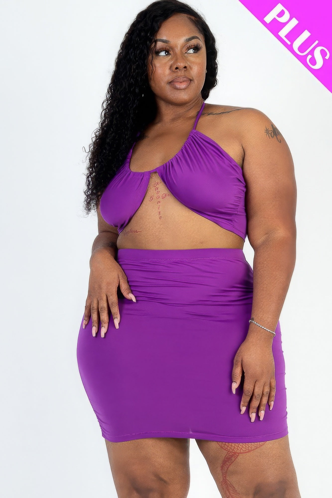 Plus Size Sexy Solid Crisscross Halter Top & Ruched Mini Skirt Set-Teresa&#39;s Fashionista LLC