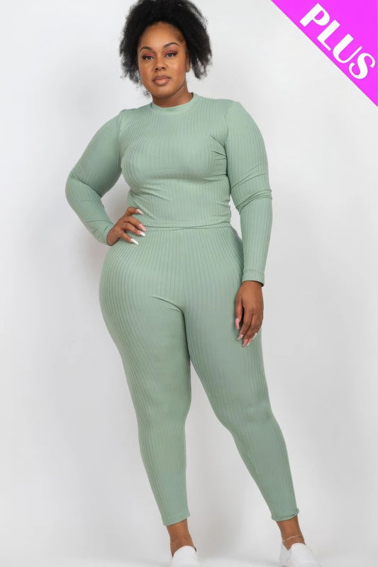 Plus Ribbed Mock Neck Long Sleeve Top & Leggings Set-Teresa&#39;s Fashionista LLC