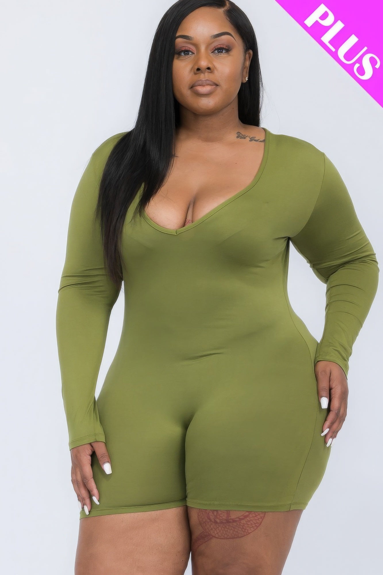 Plus V-neck Long Sleeve Bodycon Romper-Teresa&#39;s Fashionista LLC