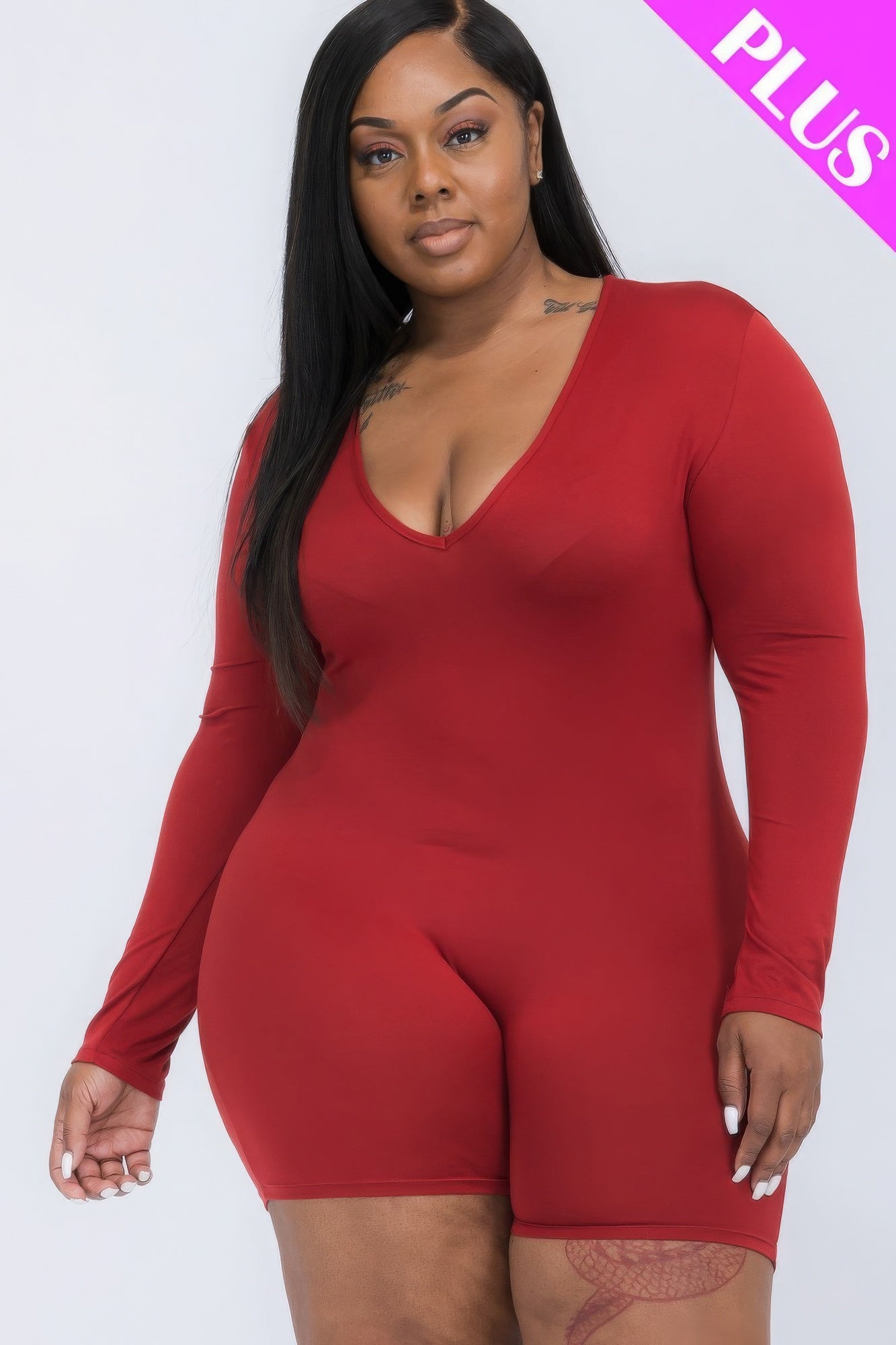 Plus V-neck Long Sleeve Bodycon Romper-Teresa&#39;s Fashionista LLC