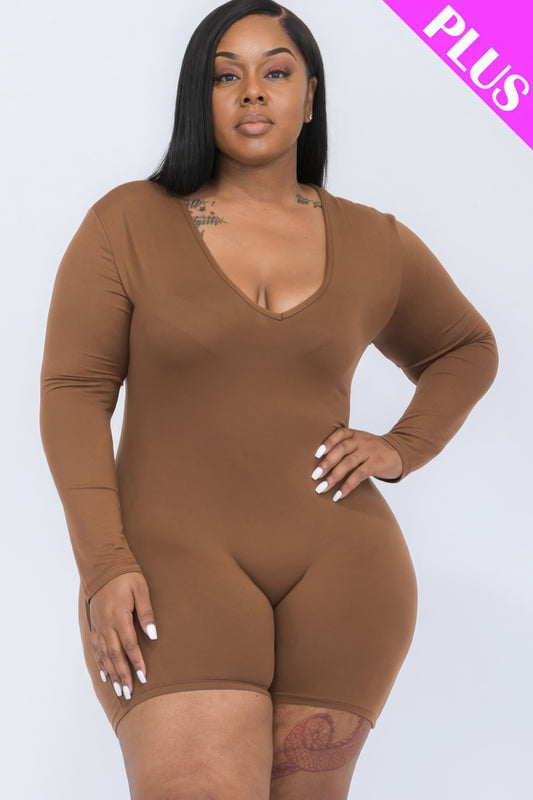 Plus V-neck Long Sleeve Bodycon Romper-Teresa&#39;s Fashionista LLC