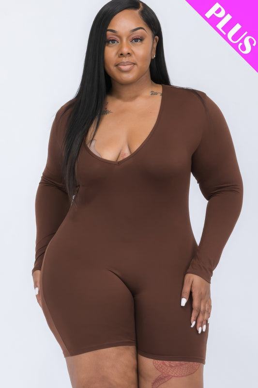 Plus V-neck Long Sleeve Bodycon Romper-Teresa&#39;s Fashionista LLC