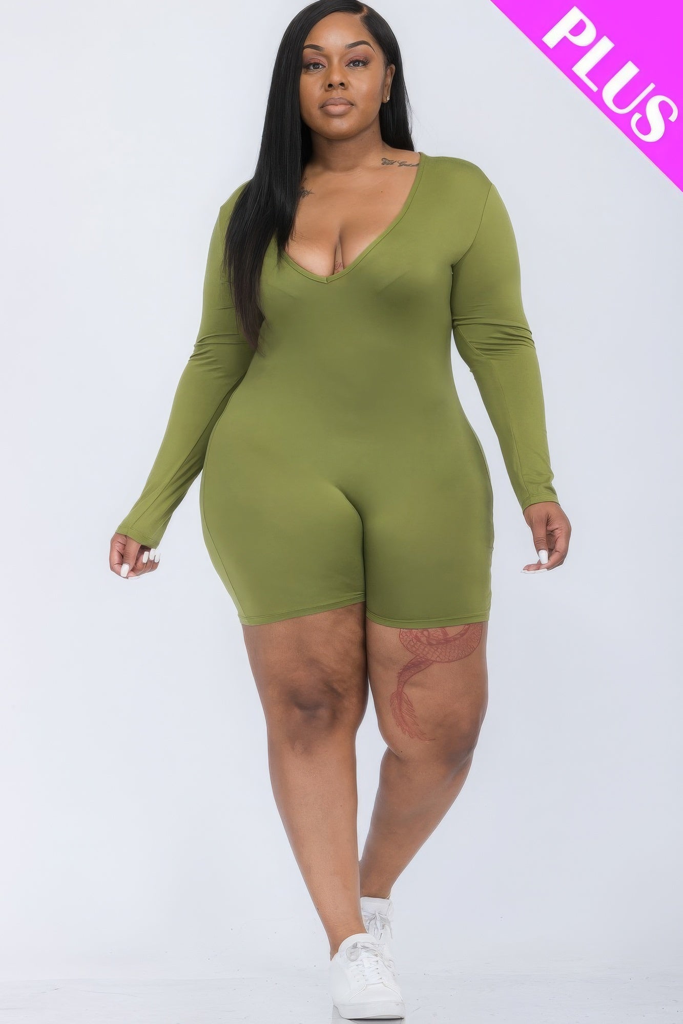 Plus V-neck Long Sleeve Bodycon Romper-Teresa&#39;s Fashionista LLC