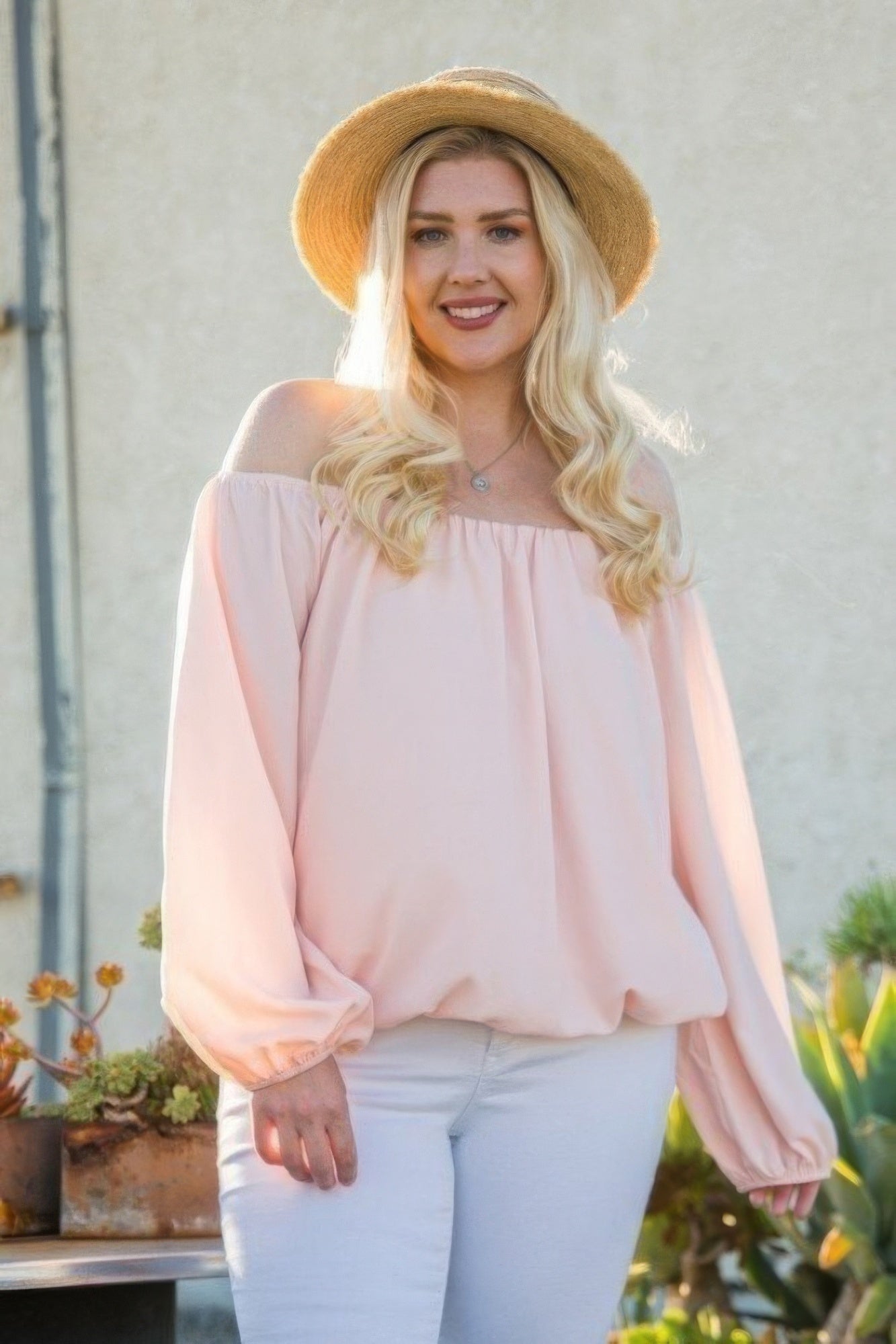 Off Shoulder Long Bubble Sleeve Solid Top-Teresa&#39;s Fashionista LLC