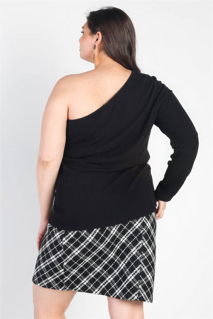 Plus Black Ribbed One Shoulder Top-Teresa&#39;s Fashionista LLC