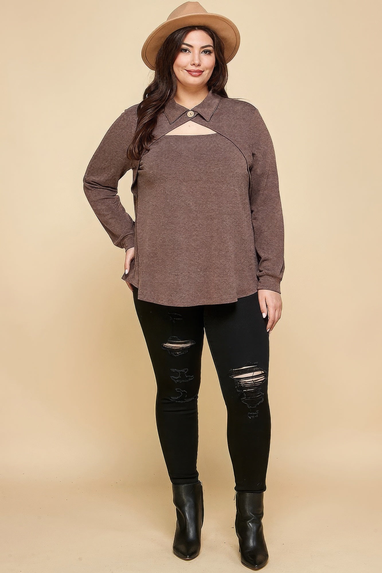 Plus Size Solid Long Sleeve Fashion Top-Teresa&#39;s Fashionista LLC