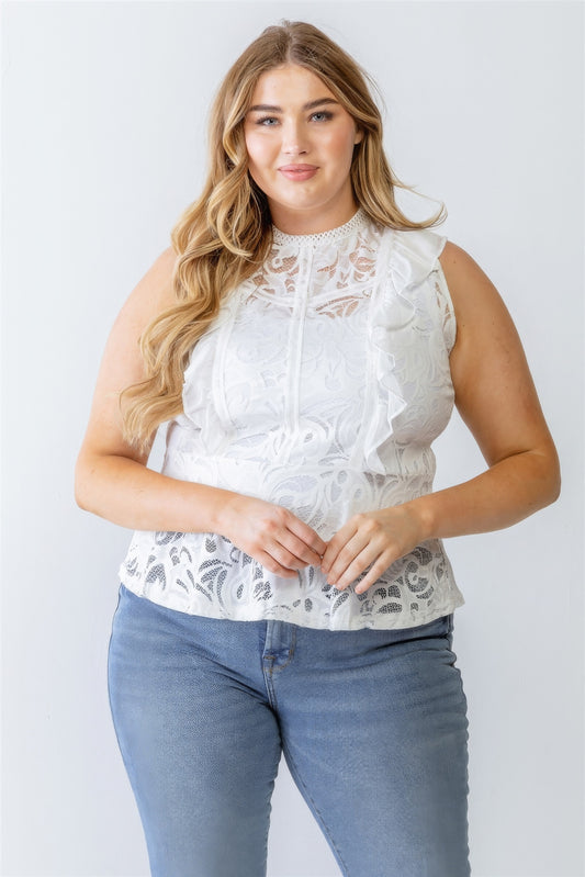 Plus Lace Mesh Ruffle Detail Sleeveless Flare Hem Top-Teresa&#39;s Fashionista LLC