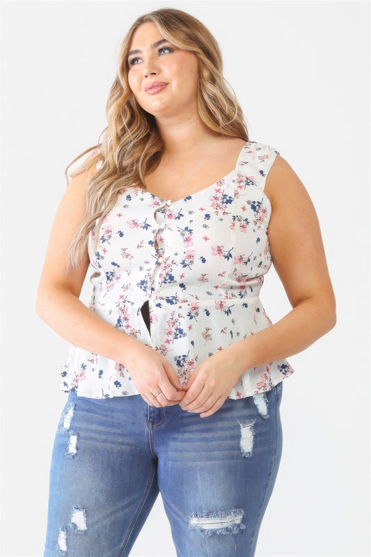 Plus Floral Button-up Sleeveless Flare Hem Top-Teresa&#39;s Fashionista LLC