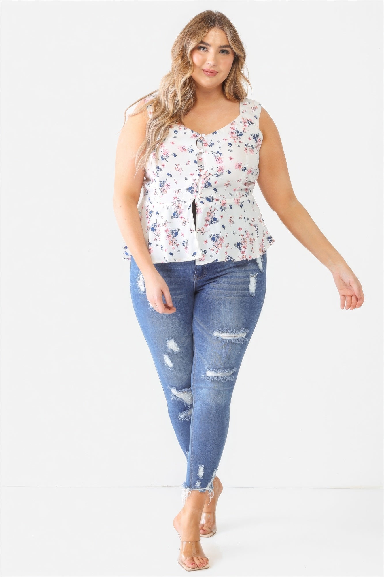 Plus Floral Button-up Sleeveless Flare Hem Top-Teresa&#39;s Fashionista LLC