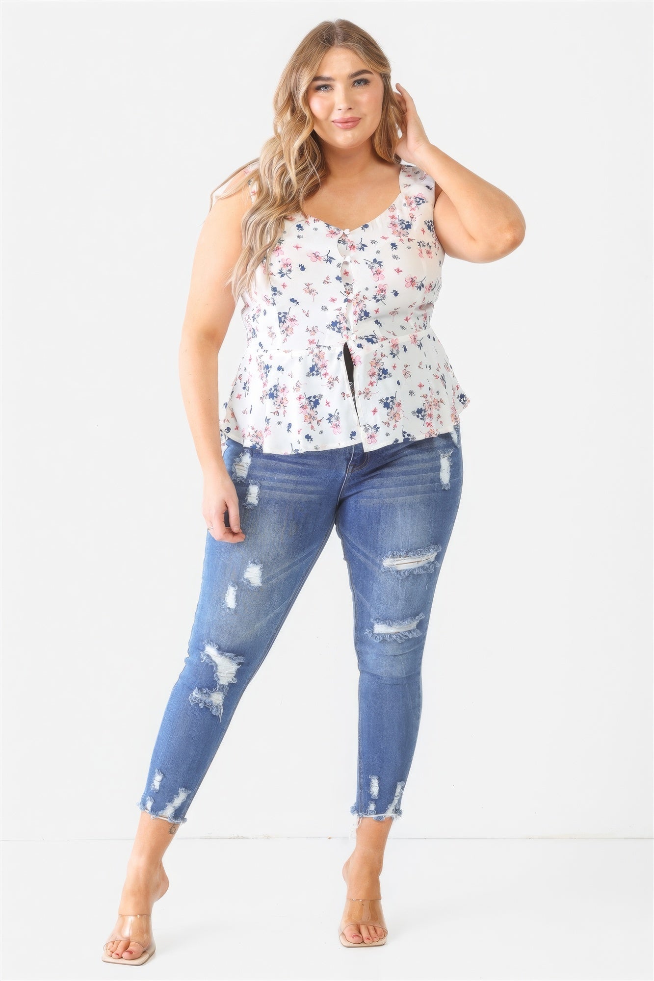 Plus Floral Button-up Sleeveless Flare Hem Top-Teresa&#39;s Fashionista LLC