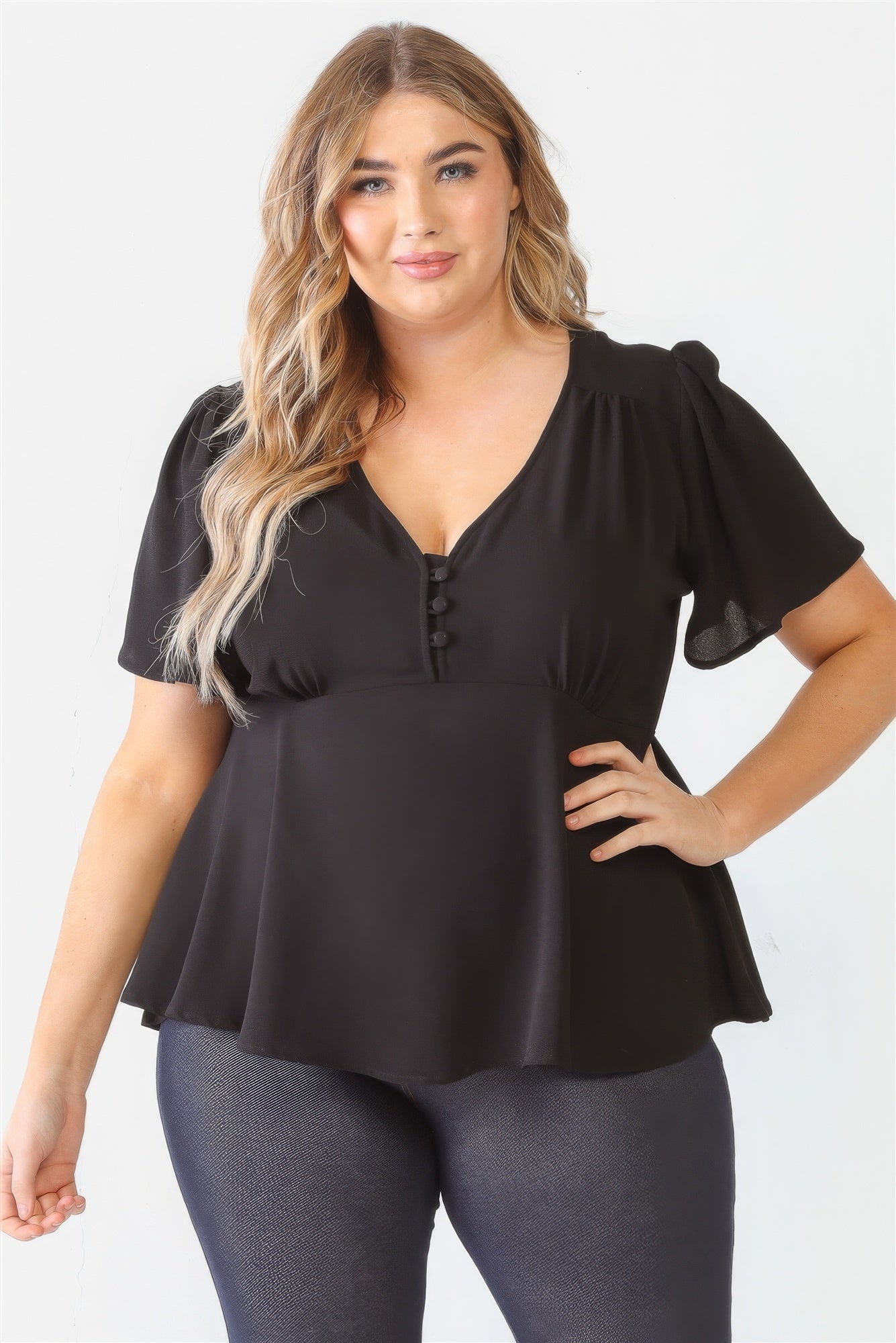 Plus Tie Detail Flare Top-Teresa&#39;s Fashionista LLC