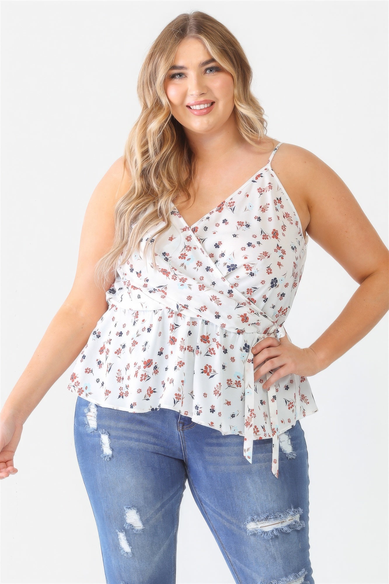 Plus Floral Sleeveless Wrap Neck Flare Hem Top-Teresa&#39;s Fashionista LLC