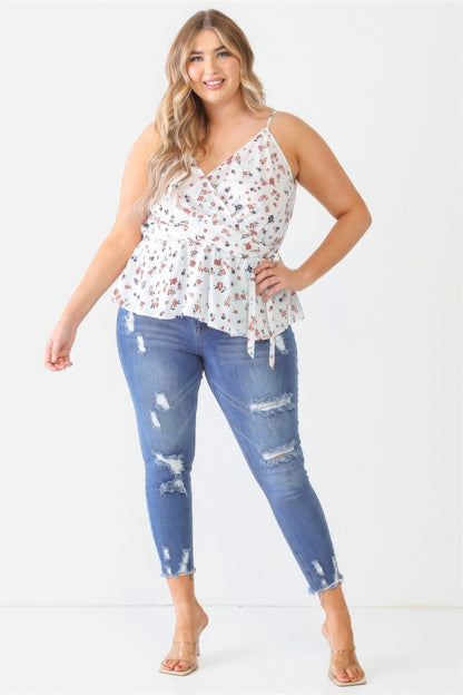 Plus Floral Sleeveless Wrap Neck Flare Hem Top-Teresa&#39;s Fashionista LLC