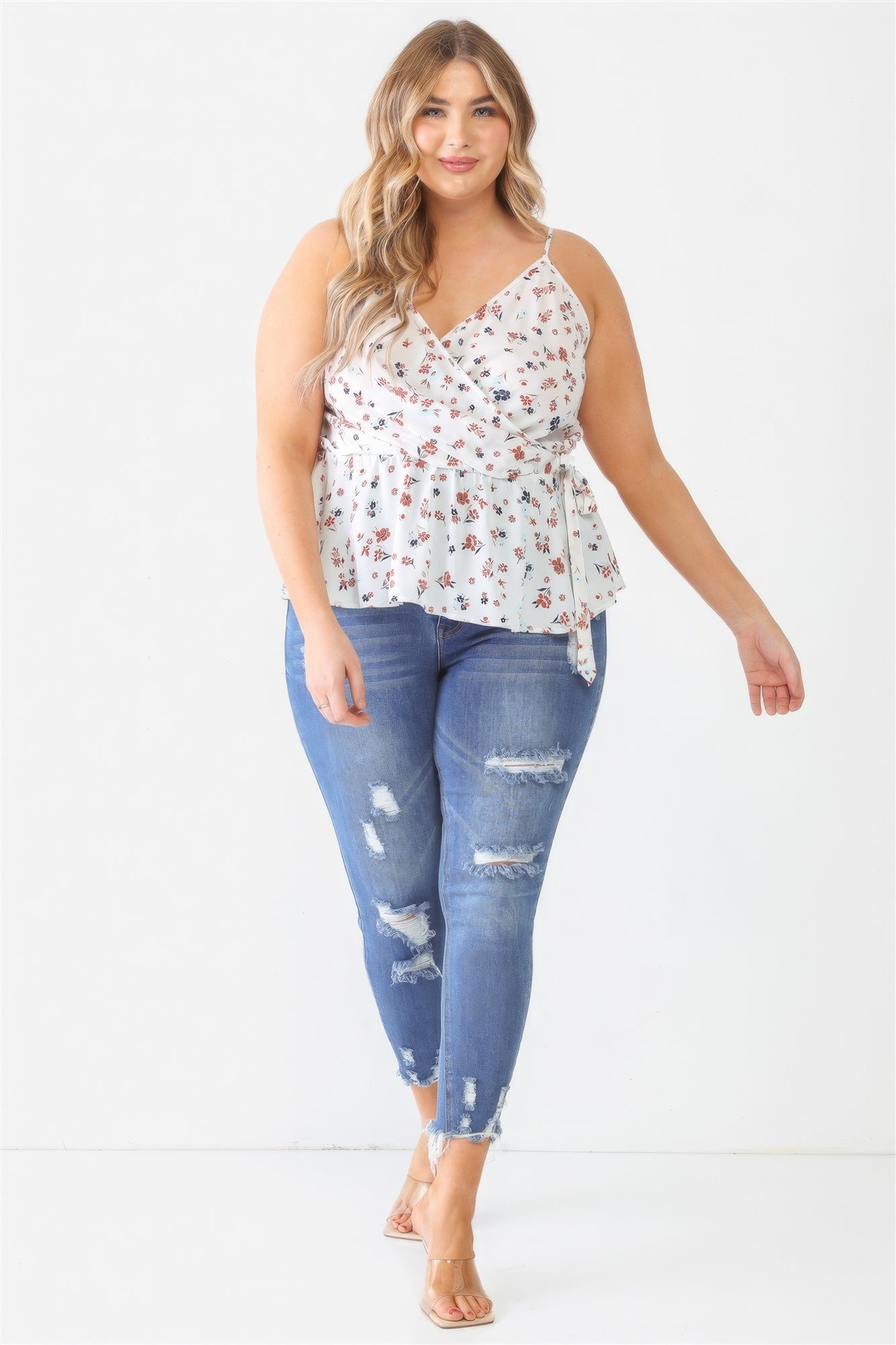 Plus Floral Sleeveless Wrap Neck Flare Hem Top-Teresa&#39;s Fashionista LLC