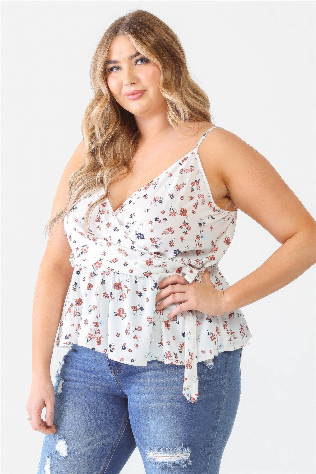 Plus Floral Sleeveless Wrap Neck Flare Hem Top-Teresa&#39;s Fashionista LLC