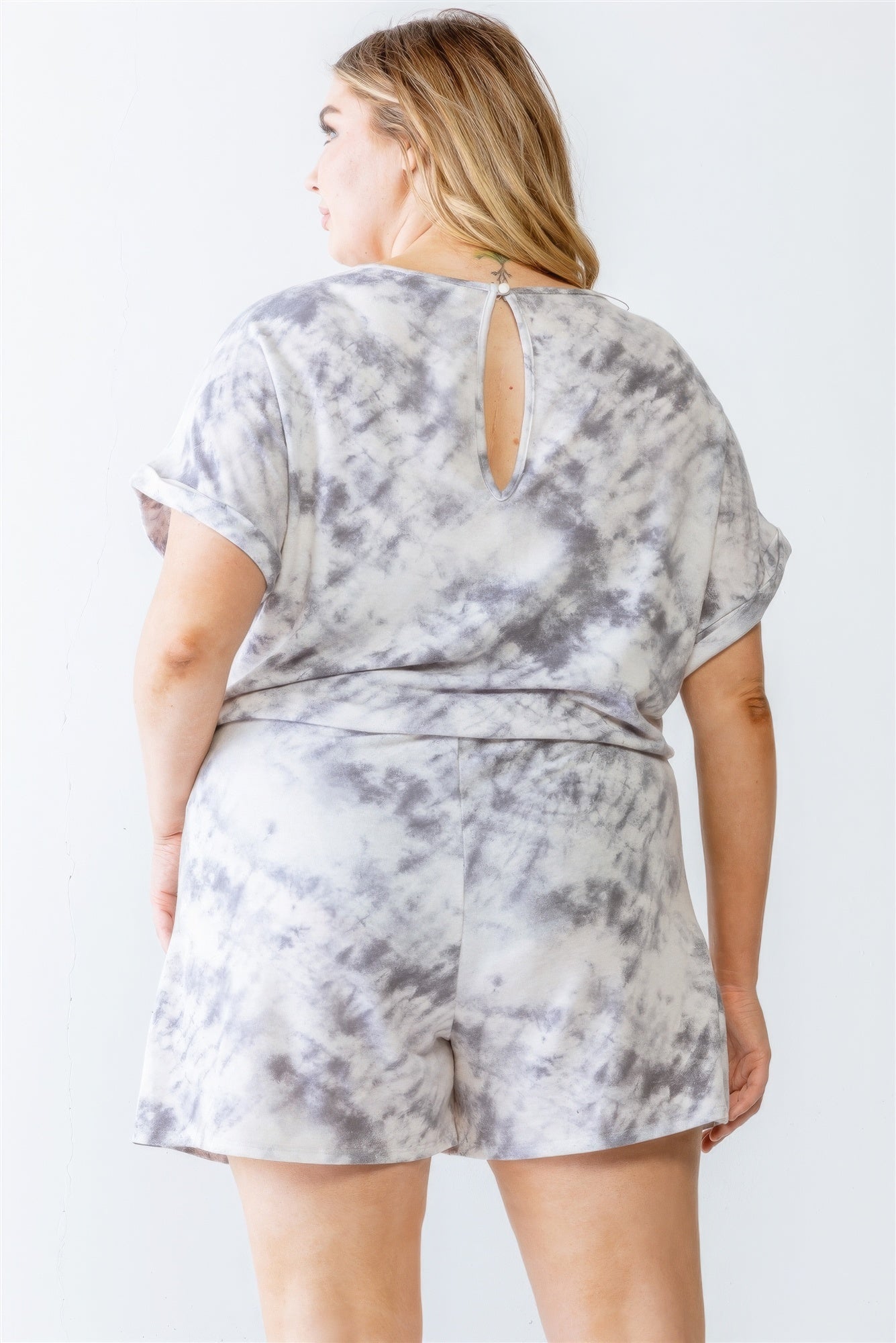 Plus Ivory & Grey Tie-dye Print Two Pocket Romper-Teresa&#39;s Fashionista LLC