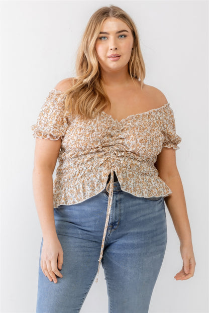 Plus Floral Chiffon Ruched Smocked Off-the-shoulder Top-Teresa&#39;s Fashionista LLC