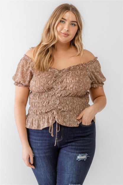 Plus Floral Chiffon Ruched Smocked Off-the-shoulder Top-Teresa&#39;s Fashionista LLC