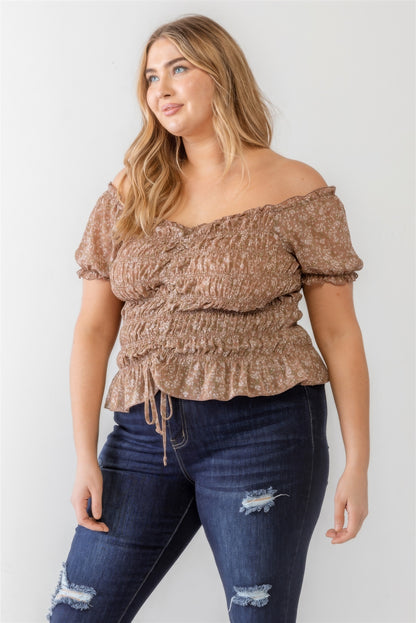 Plus Floral Chiffon Ruched Smocked Off-the-shoulder Top-Teresa&#39;s Fashionista LLC