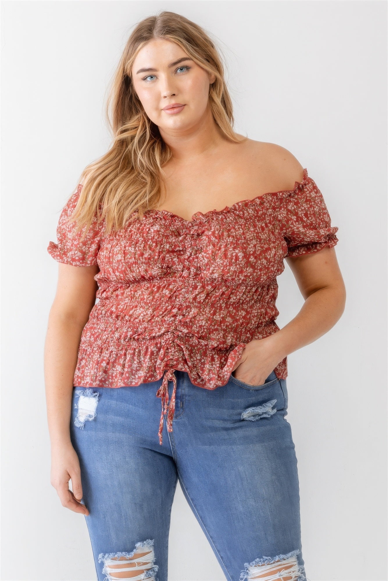 Plus Floral Chiffon Ruched Smocked Off-the-shoulder Top-Teresa&#39;s Fashionista LLC