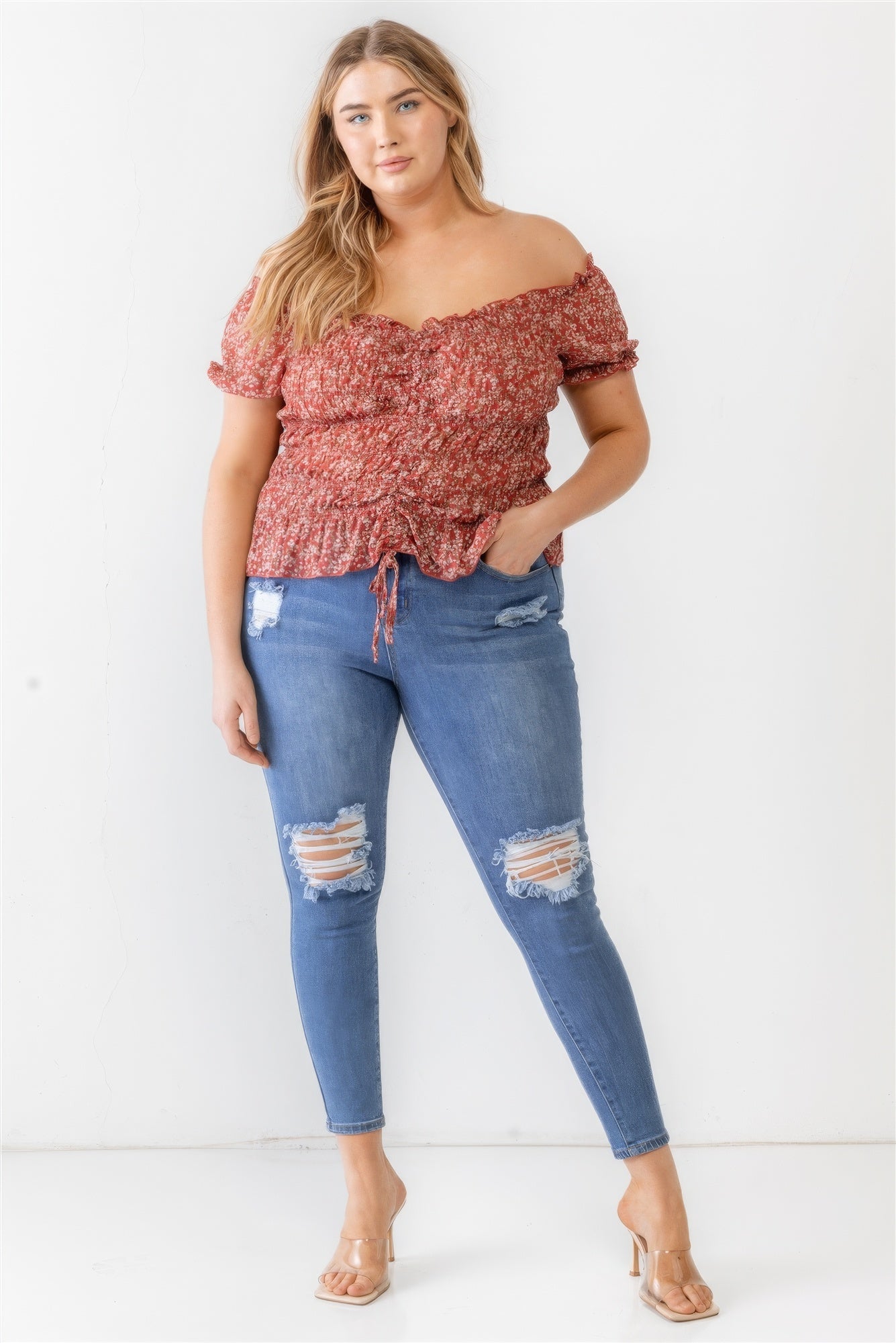 Plus Floral Chiffon Ruched Smocked Off-the-shoulder Top-Teresa&#39;s Fashionista LLC