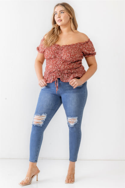 Plus Floral Chiffon Ruched Smocked Off-the-shoulder Top-Teresa&#39;s Fashionista LLC