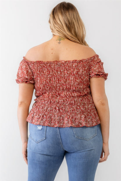 Plus Floral Chiffon Ruched Smocked Off-the-shoulder Top-Teresa&#39;s Fashionista LLC