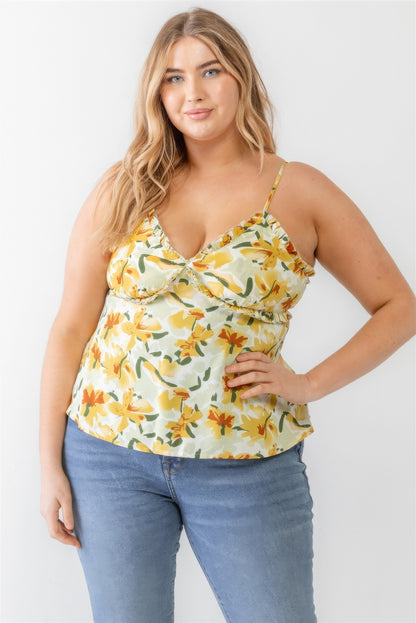 Plus Floral Print Woven Ruffle Sleeveless Back Zipper Tank Top-Teresa&#39;s Fashionista LLC