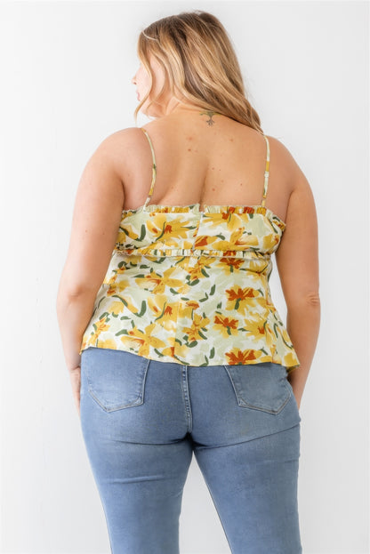 Plus Floral Print Woven Ruffle Sleeveless Back Zipper Tank Top-Teresa&#39;s Fashionista LLC