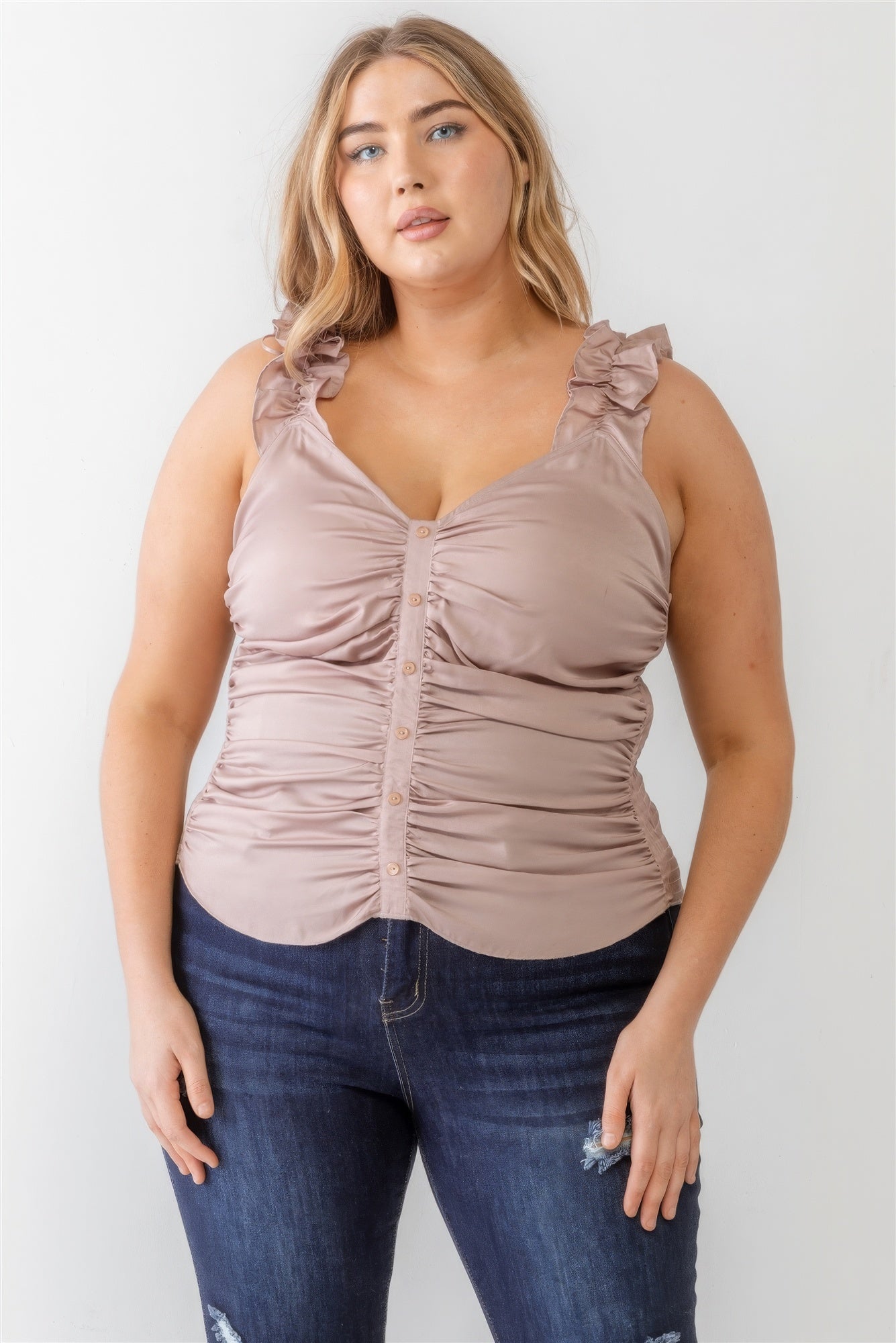 Plus Ruched Button-up Ruffle Strap Smocked Back Tank Top-Teresa&#39;s Fashionista LLC