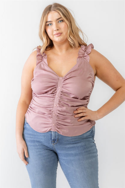 Plus Ruched Button-up Ruffle Strap Smocked Back Tank Top-Teresa&#39;s Fashionista LLC