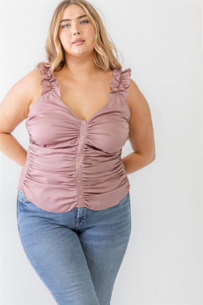 Plus Ruched Button-up Ruffle Strap Smocked Back Tank Top-Teresa&#39;s Fashionista LLC