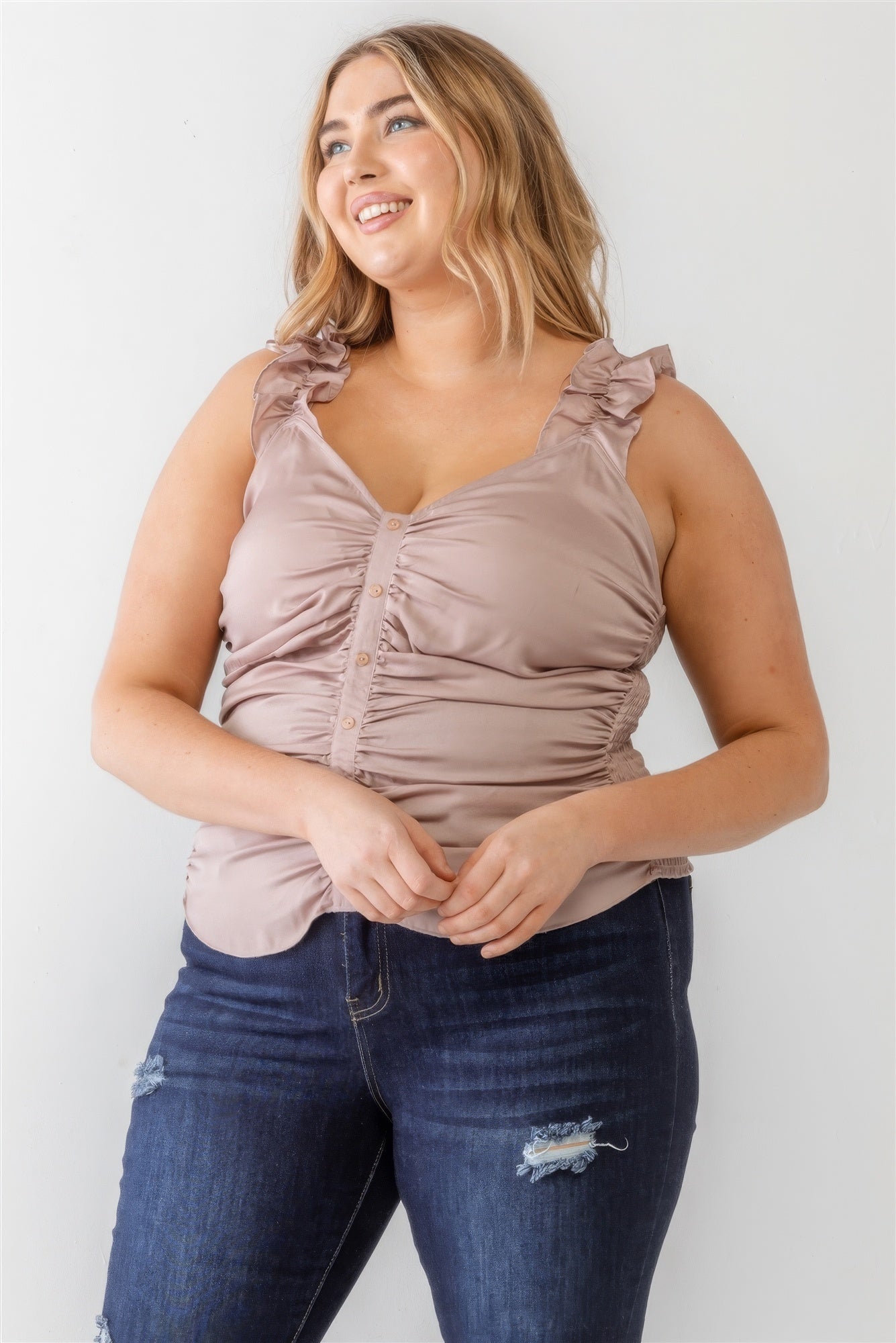 Plus Ruched Button-up Ruffle Strap Smocked Back Tank Top-Teresa&#39;s Fashionista LLC