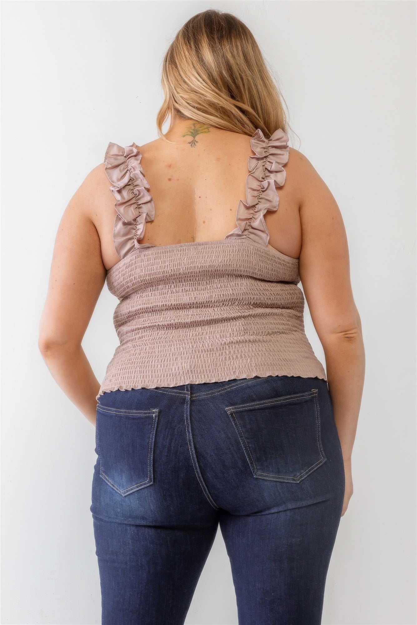 Plus Ruched Button-up Ruffle Strap Smocked Back Tank Top-Teresa&#39;s Fashionista LLC