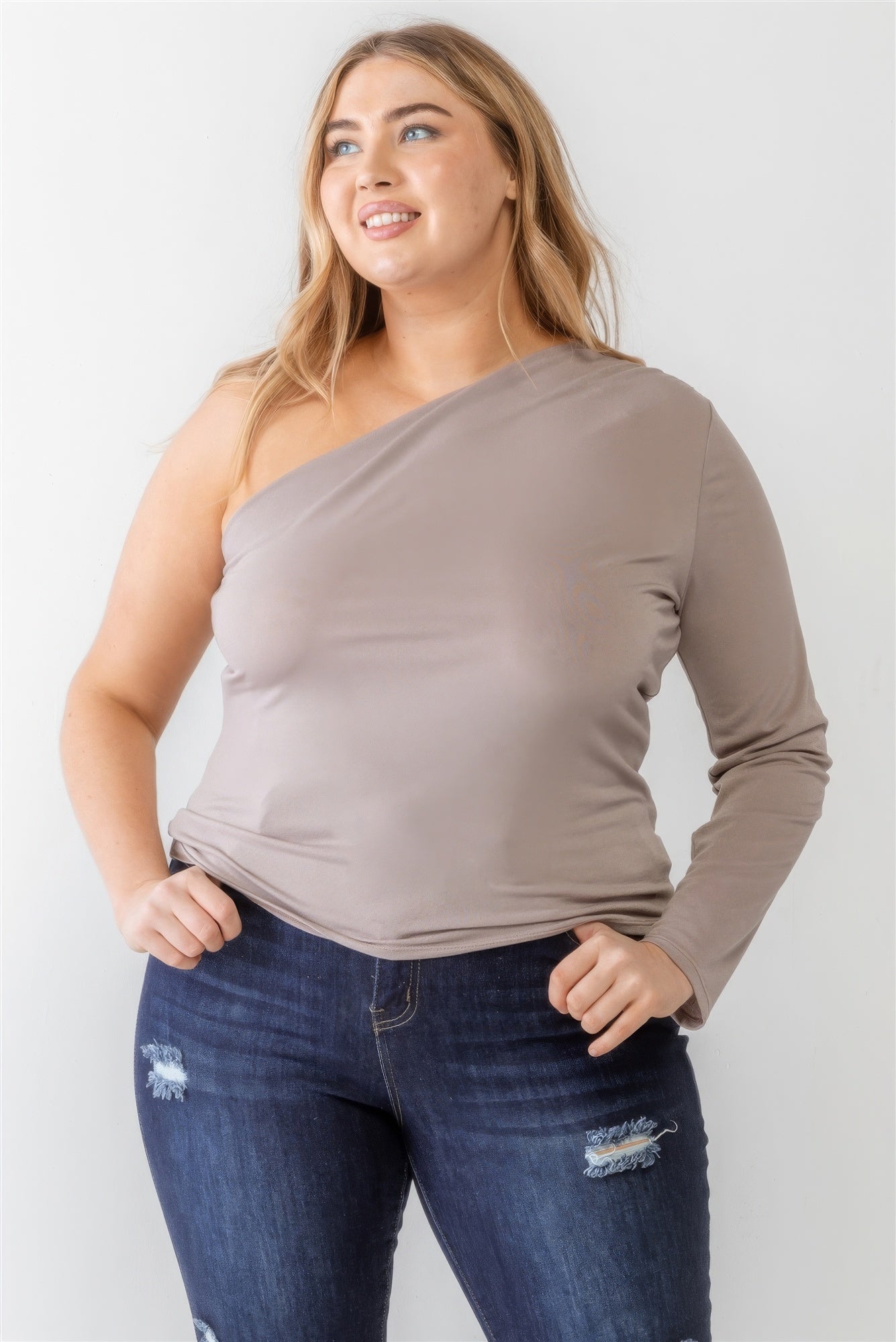 Plus Mocha Textured One Shoulder Top-Teresa&#39;s Fashionista LLC