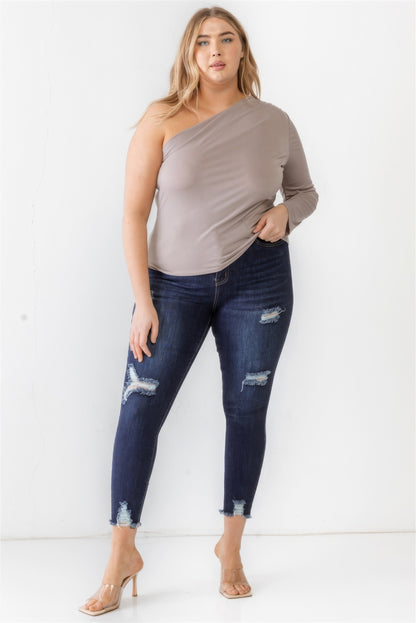 Plus Mocha Textured One Shoulder Top-Teresa&#39;s Fashionista LLC