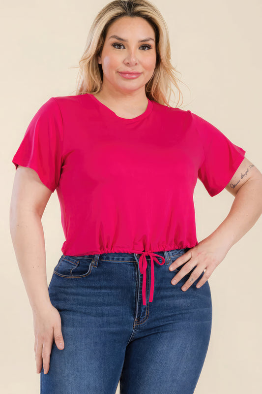 Plus Size Tie Front Drawstring Short Sleeve Crop Top-Teresa&#39;s Fashionista LLC