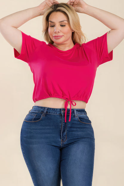 Plus Size Tie Front Drawstring Short Sleeve Crop Top-Teresa&#39;s Fashionista LLC