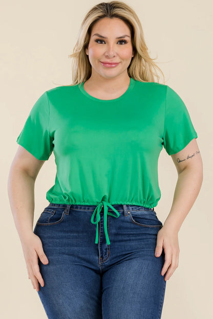 Plus Size Tie Front Drawstring Short Sleeve Crop Top-Teresa&#39;s Fashionista LLC