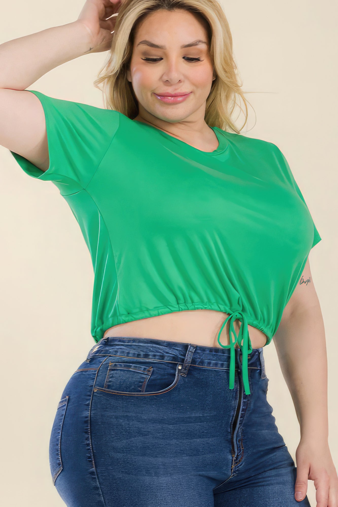 Plus Size Tie Front Drawstring Short Sleeve Crop Top-Teresa&#39;s Fashionista LLC