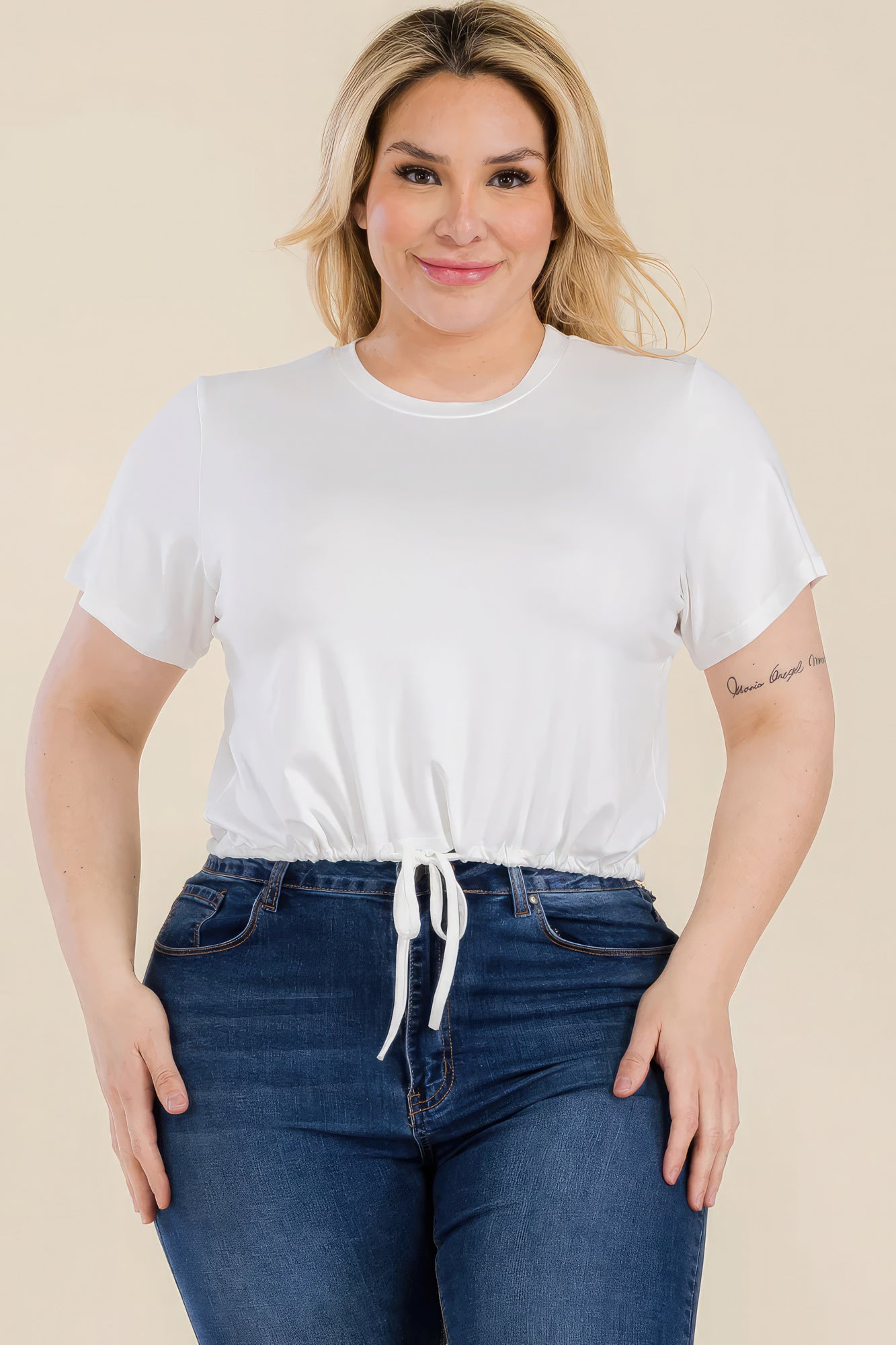 Plus Size Tie Front Drawstring Short Sleeve Crop Top-Teresa&#39;s Fashionista LLC